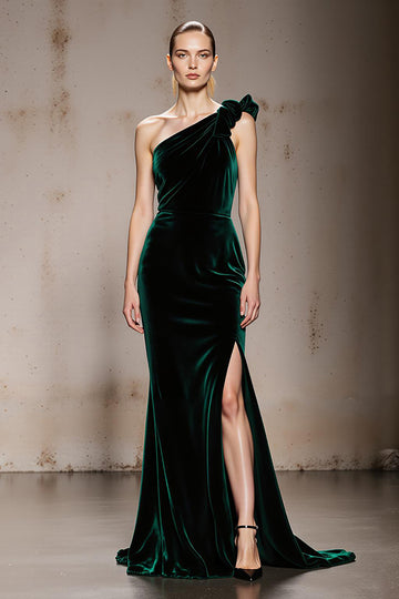 Dark Green One Shoulder Velvet Mermaid Evening Dress